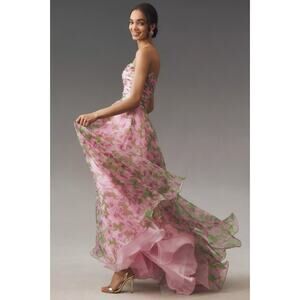 Anthropologie Mac Duggal Multi Pink Strapless Chiffon Maxi Dress Sz 8